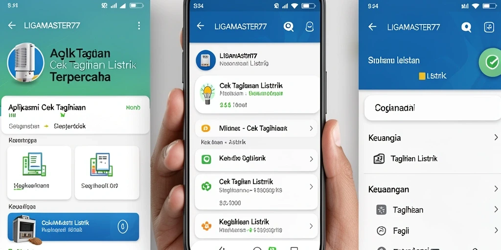 Tampilan antarmuka aplikasi LIGAMASTER77 untuk cek tagihan listrik.