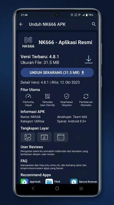 Tampilan halaman APK nk666